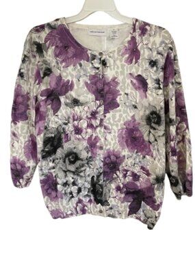 Alfred Dunner Floral Beaded Cardigan | Women's XL | Purple Gray White